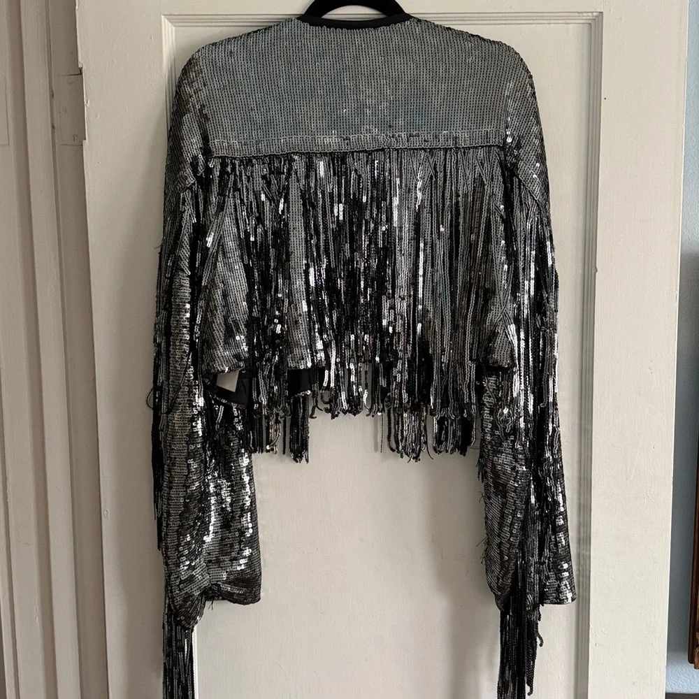 By Anthropologie Green Silver Black Sequin Fringed Jacket Large EUC Rare - Picture 10 of 10